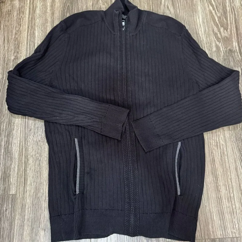Alfani Ribbed Sweater Men's Medium Deep Black Full Zip Mock Neck Long Sleeves +